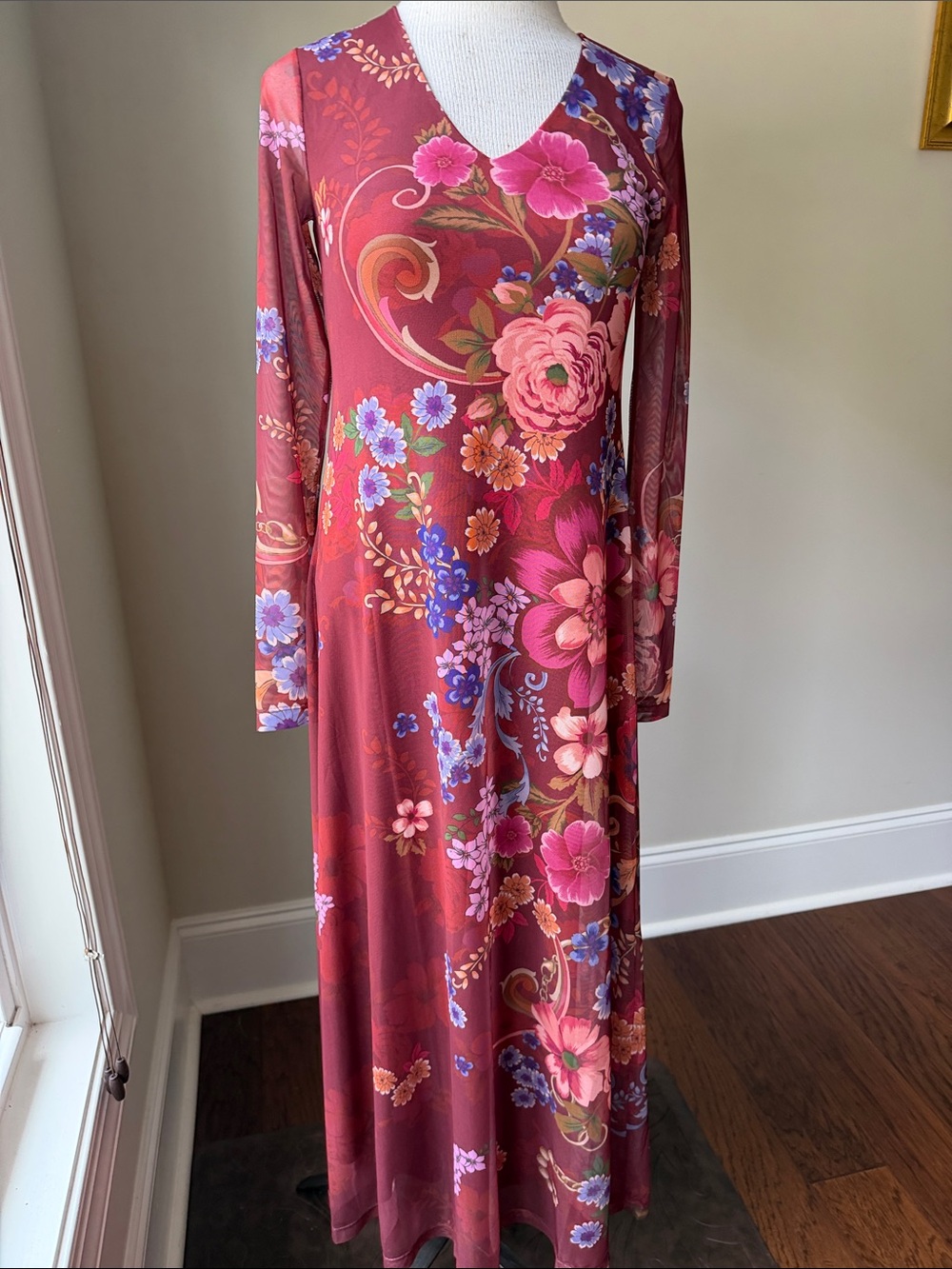 Johnny Was Burgundy Floral V‑Neck Long Sleeve Maxi Dress with Pink & Blue Blooms